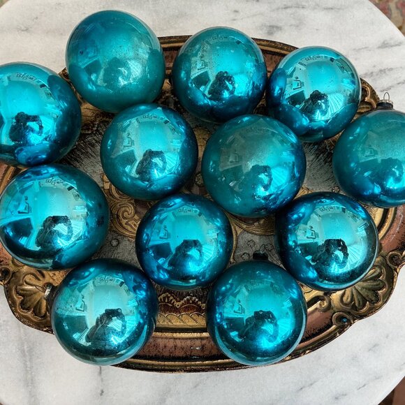 Vintage Box of 12 Christmas Glass Ball Ornaments Japan Aqua Mercury Glass - Picture 4 of 10